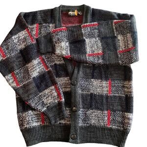 Vintage Grunge Large Jacquard Knit Retro Plaid VNeck Cardigan 80s Sasson